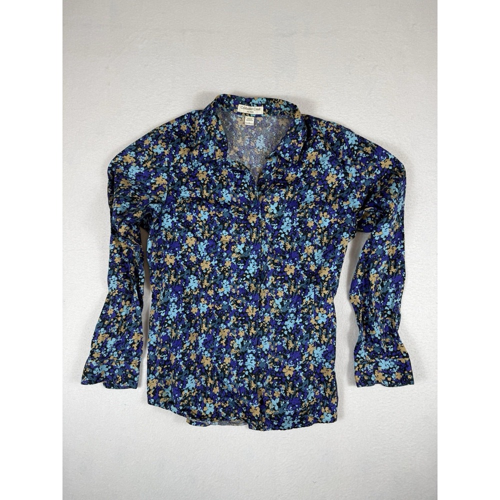 Coldwater Creek No Iron Button Down Shirt Womens Large 14 Blue Floral Blouse